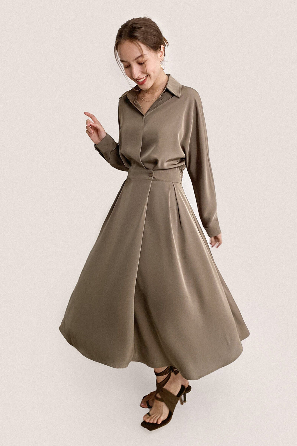 Surplice Pleat Detail Long Sleeve Collar Blouse and A-Line Midi Skirt Set