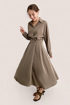 Surplice Pleat Detail Long Sleeve Collar Blouse and A-Line Midi Skirt Set