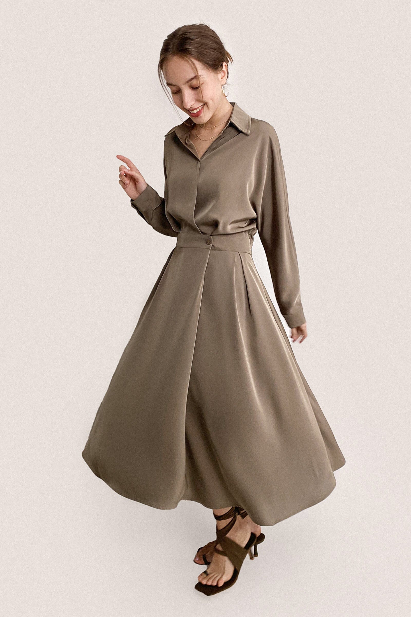 Surplice Pleat Detail Long Sleeve Collar Blouse and A-Line Midi Skirt Set