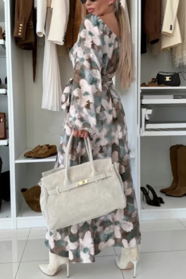 Unique Printed V-neck Long-sleeved Waist Tie Slit Maxi Dress