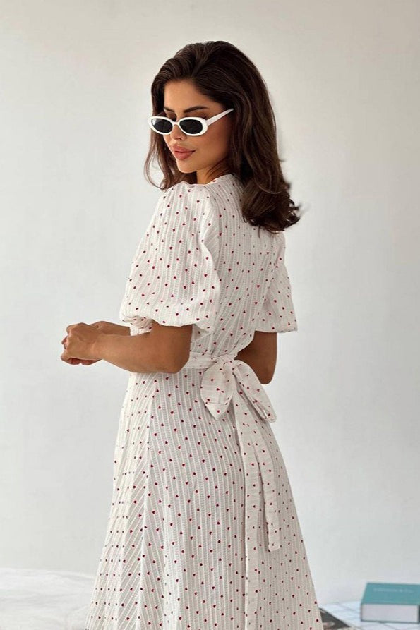 Heart Print Puff Sleeve V-Neck Wrap Maxi Dress