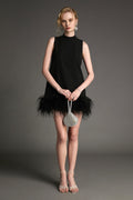 Mock Neck Sleeveless Feather Trim Shift Mini Dress