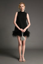 Mock Neck Sleeveless Feather Trim Shift Mini Dress
