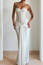 Sequin Strapless Sweetheart Corset Bustier Draped Maxi Gown