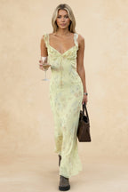 Floral Print Ruffle Trim Tie Front Sweetheart Neck Sleeveless Maxi Dress