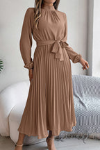 Mock Neck Lantern Sleeve Belted Pleated A-Line Midi Dress