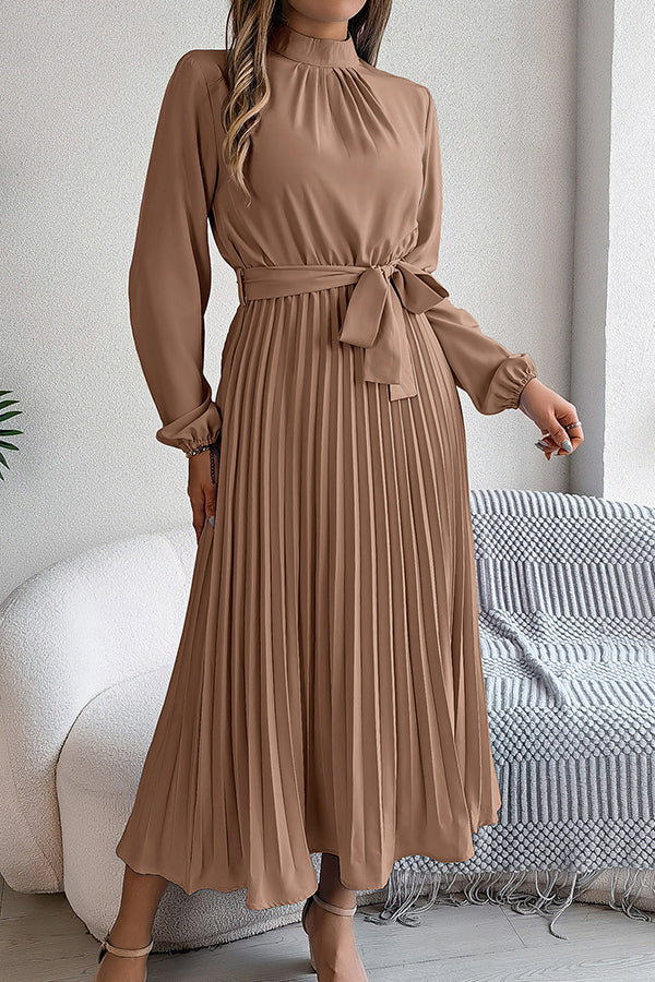 Mock Neck Lantern Sleeve Belted Pleated A-Line Midi Dress