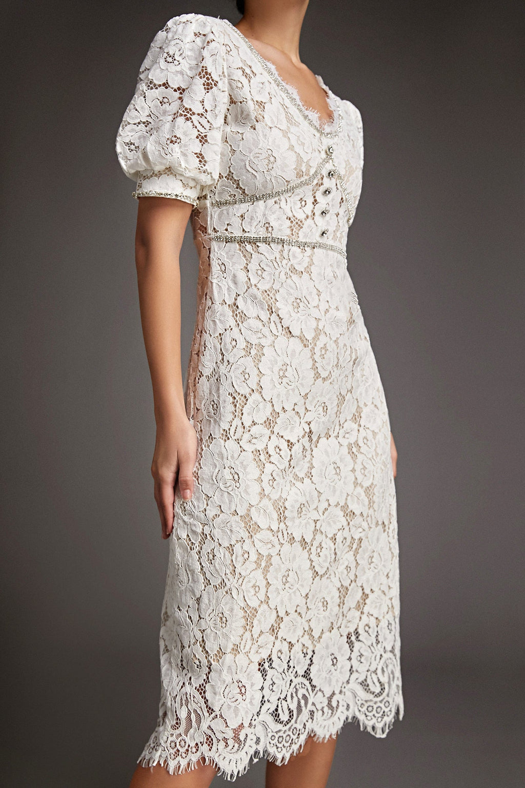 Lace Overlay Plunging V-Neck Rhinestone Trim Puff Sleeve Midi Dress