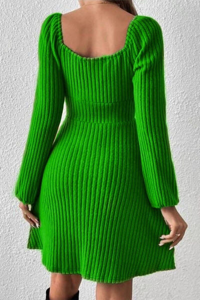 Blue Zone Planet | Ribbed Tied Square Neck Long Sleeve Mini Dress
