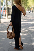 One Shoulder Long Bishop Sleeve Side Slit Flowy Maxi Dress