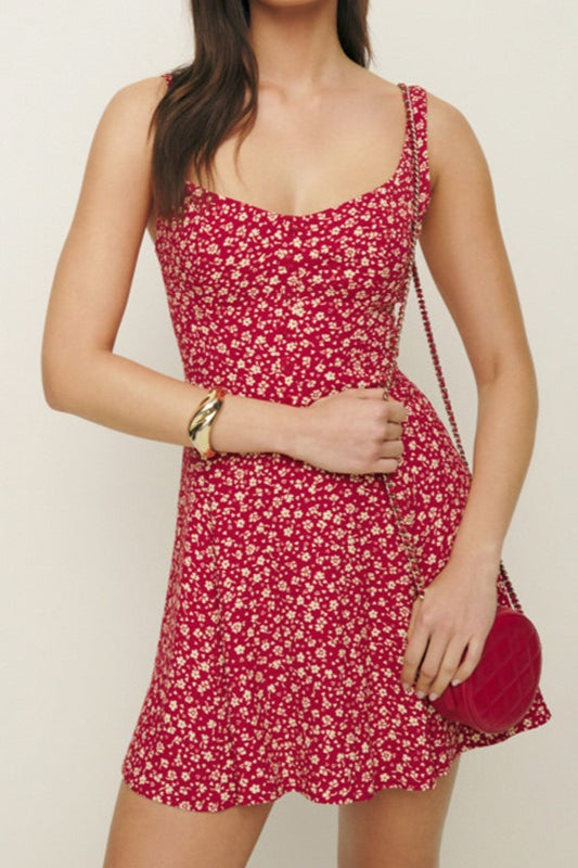 Sweetheart Neck Wide Strap Floral Print Fit and Flare Mini Dress