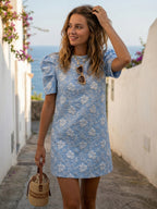 Puff Sleeve Mini Shift Dress for Women - Floral Jacquard Crew Neck Sun Dress - Summer Beach Party 2026