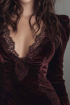 Fashionable Velvet and Lace Patchwork Long-sleeved V-neck Slim-fit Mini Dress