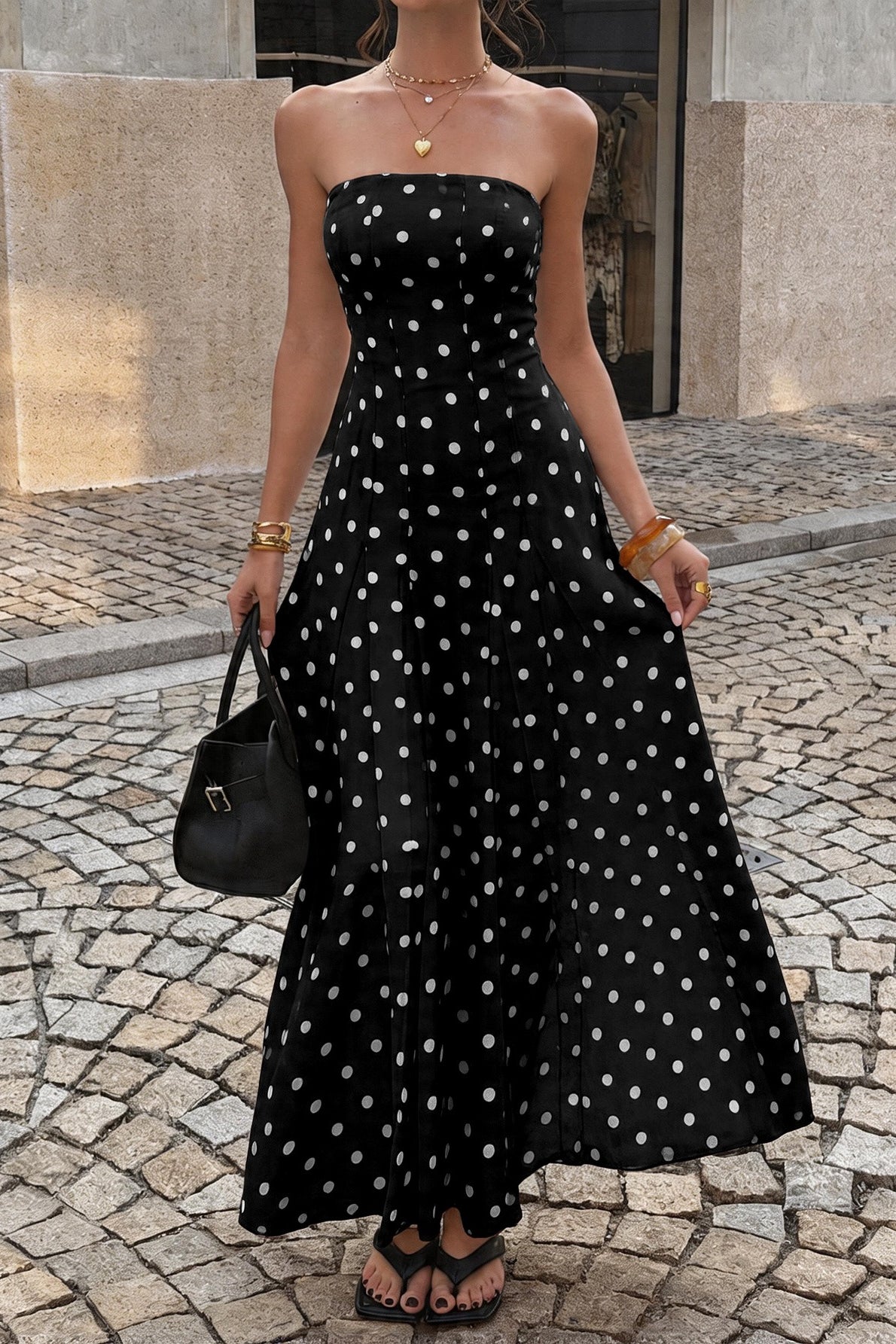 Strapless Polka Dot Paneled Slit Maxi Dress