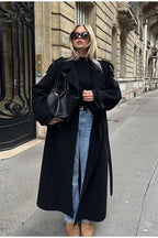 Elegant Turn-Down Collar Double-Breasted Long Overcoat