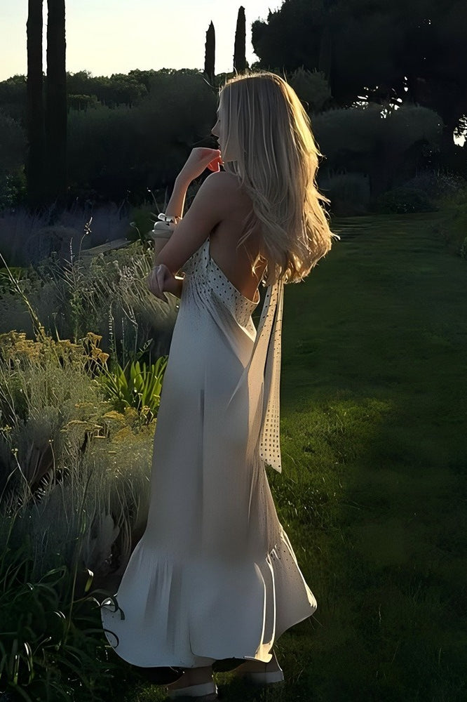 Polka Dot Halter Back Sash Tie Ruffle Hem Backless Satin Maxi Dress