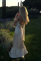 Polka Dot Halter Back Sash Tie Ruffle Hem Backless Satin Maxi Dress