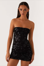 Strapless Sequin Floral Embroidered Mesh Bodycon Mini Dress