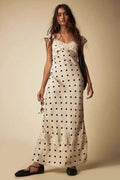 Polka Dot Satin Sweetheart Neck Lace Cap Sleeve Bustier Lace Band Hem Maxi Dress