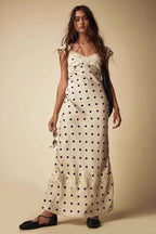 Polka Dot Satin Sweetheart Neck Lace Cap Sleeve Bustier Lace Band Hem Maxi Dress