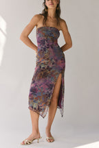 Mesh Tie-dye Slit Strapless Maxi Dress