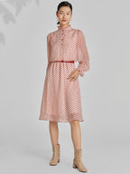 Polka Dot Mock Neck Button Front Ruffle Cuff Fit and Flare Midi Dress