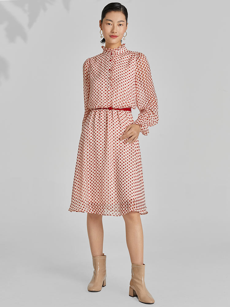 Polka Dot Mock Neck Button Front Ruffle Cuff Fit and Flare Midi Dress