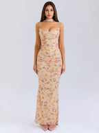 Strapless Corset And Mesh Maxi Skirt And Neck Scarf Party 3 Piece Co-ord Set For Women 2026