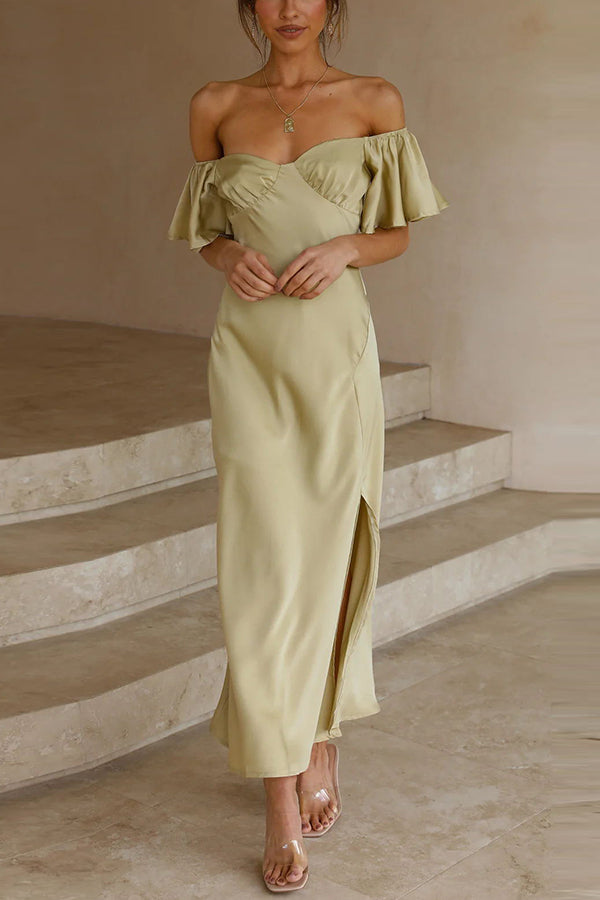 Satin Off Shoulder Flutter Sleeve Sweetheart Ruched Side Slit Midi Dress