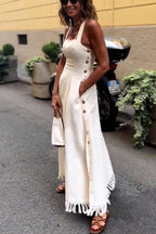 Viki Linen Blend Square Neck Wide Strap Side Button Pocket Tassel Trim Midi Dress