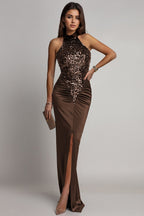 Velvet Sequin Slit Midi Bodycon Dress