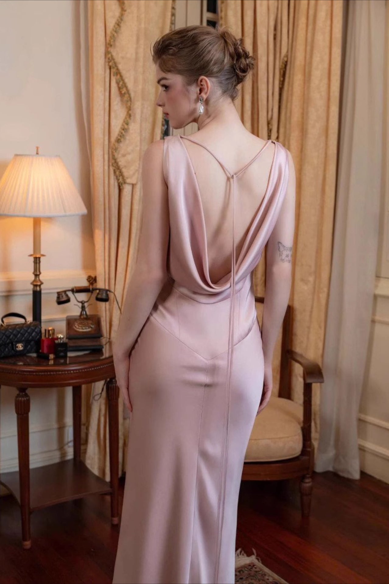 Satin Cowl Neck Open Back Bias Cut Slip Maxi Formal Dress