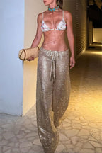 Rileigh Metallic Cutout Knit Mid Rise Elastic Waist Wide Leg Pants Set