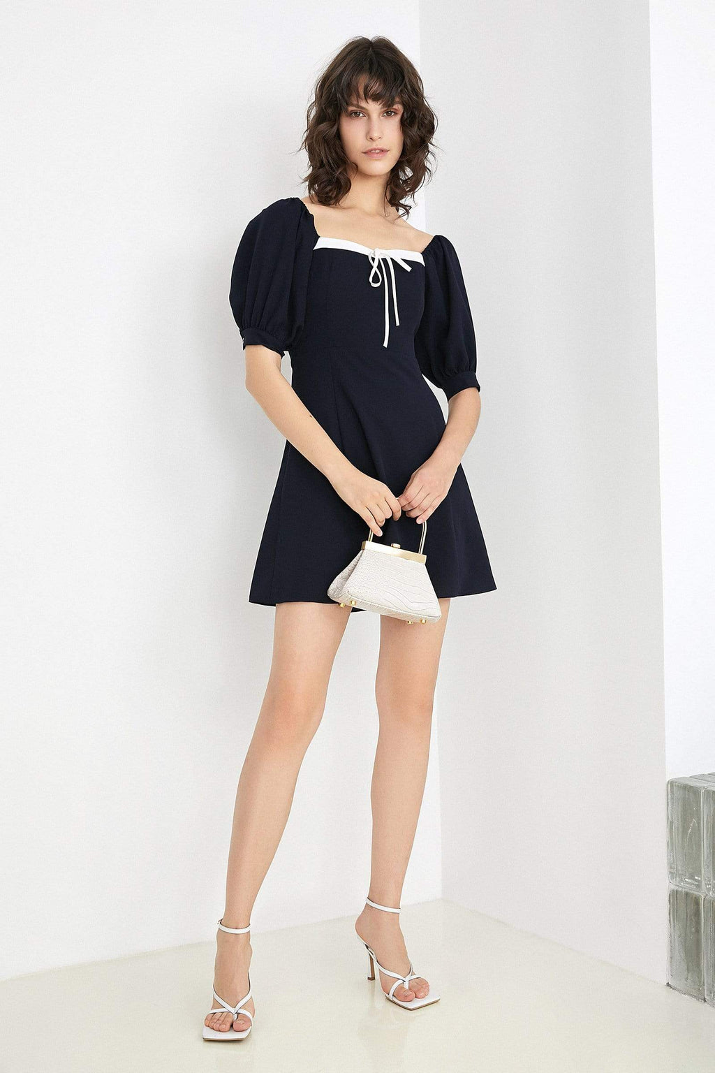 Square Neck Puff Sleeve Contrast Trim Tie Front A-Line Mini Dress