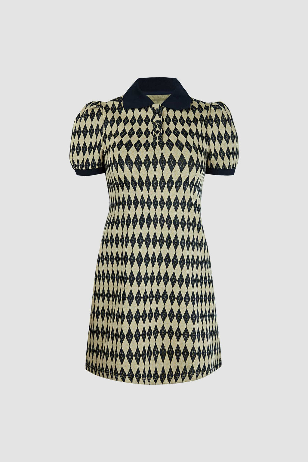 Diamond Argyle Knit Polo Collar Button Front Puff Sleeve Mini Dress