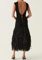 High Neck Sleeveless Fringe Hem Bodycon Midi Dress
