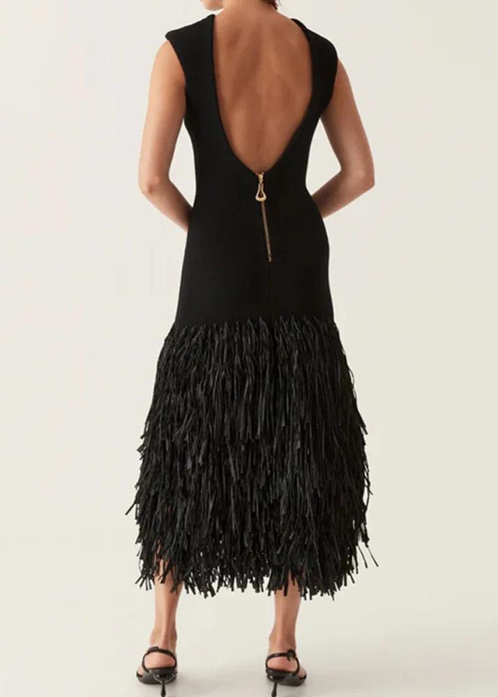 High Neck Sleeveless Fringe Hem Bodycon Midi Dress