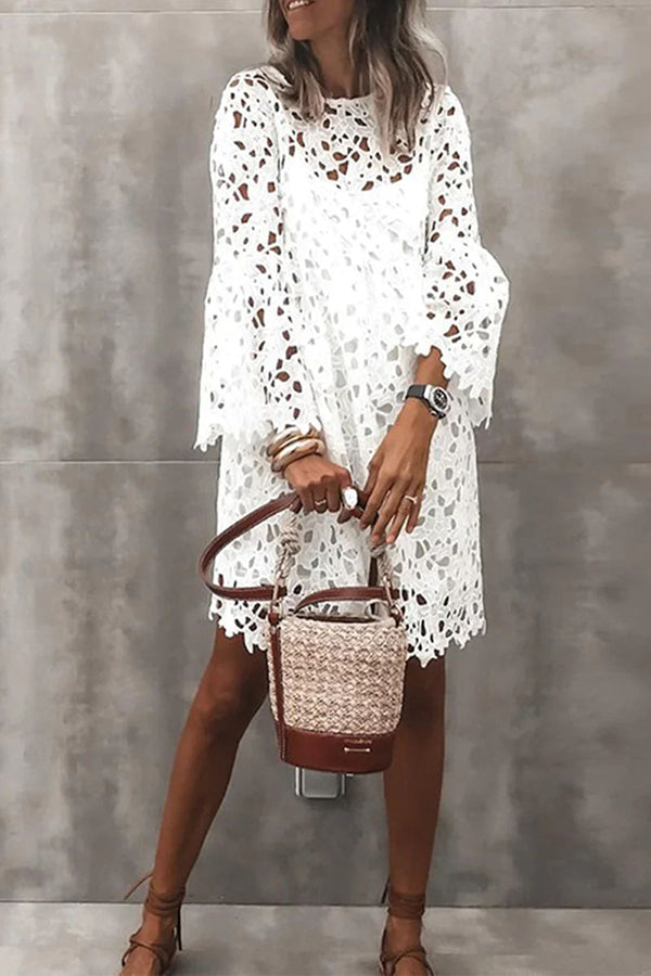 Floral Crochet Lace Bell Sleeve Scalloped Hem Mini Dress