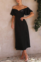 Satin Off Shoulder Flutter Sleeve Sweetheart Ruched Side Slit Midi Dress