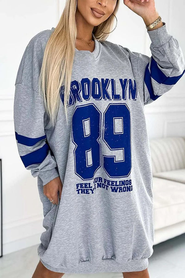 Brooklyn 89 Graphic Stripe Sleeve Oversized Sweatshirt Mini Dress