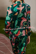 Green Parrot Print Home Long Sleeved Two-piece Set