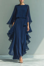 Chic Midnight Blue Ruffled Overlay Wide-Leg Pantsuit