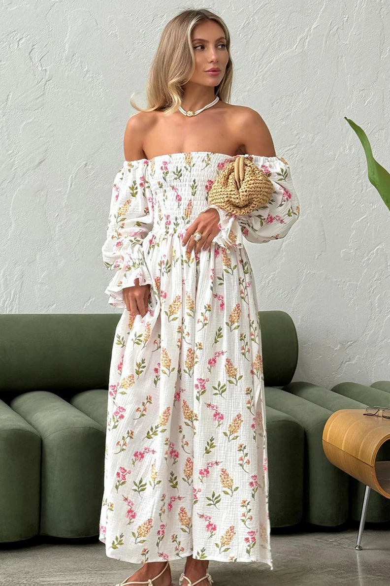 Floral Print Off Shoulder Smocked Puff Sleeve High Split Maxi Dress