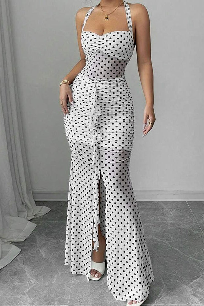 White Polka Dot Backless Cami Mesh Maxi Dress
