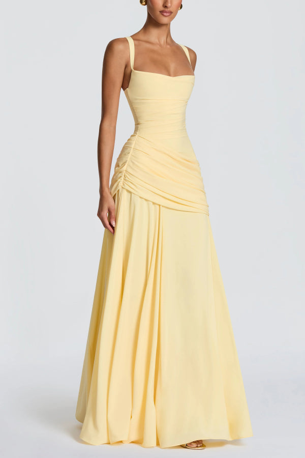 Stylish Spaghetti Strap Square Neck Slim-fit Elegant Pleated Maxi Dress