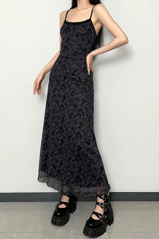Lace Trim Mesh Floral Spaghetti Strap Midi Dress