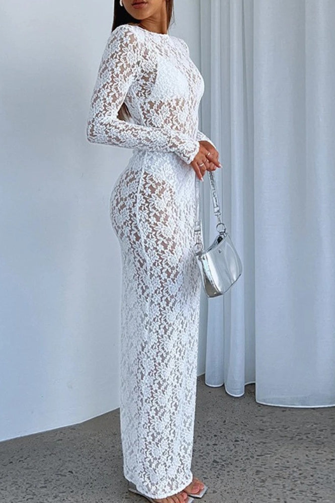 Floral Lace Sheer Long Sleeve Crew Neck Bodycon Maxi Dress
