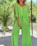 Solid Shoulder Top & Pants Two-Piece Set
