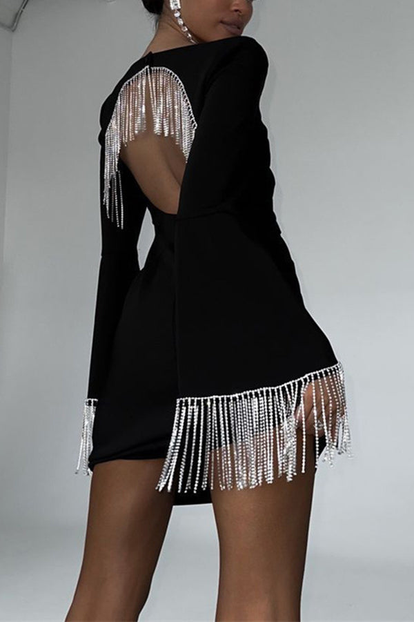 Rhinestone Fringe Bell Sleeve Arched Back Cutout Mini Dress
