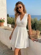 Eyelet Lace Mini Dress for Women - White Boho V Neck Sleeveless Fit and Flare A-Line Sundress - Summer Beach Vacation 2026